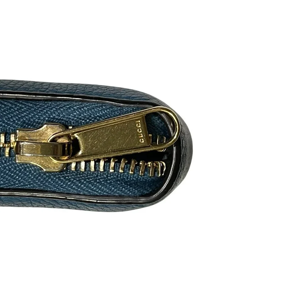 Gucci Blue Leather Zip-Around Wallet  Embossed Logo Authentic